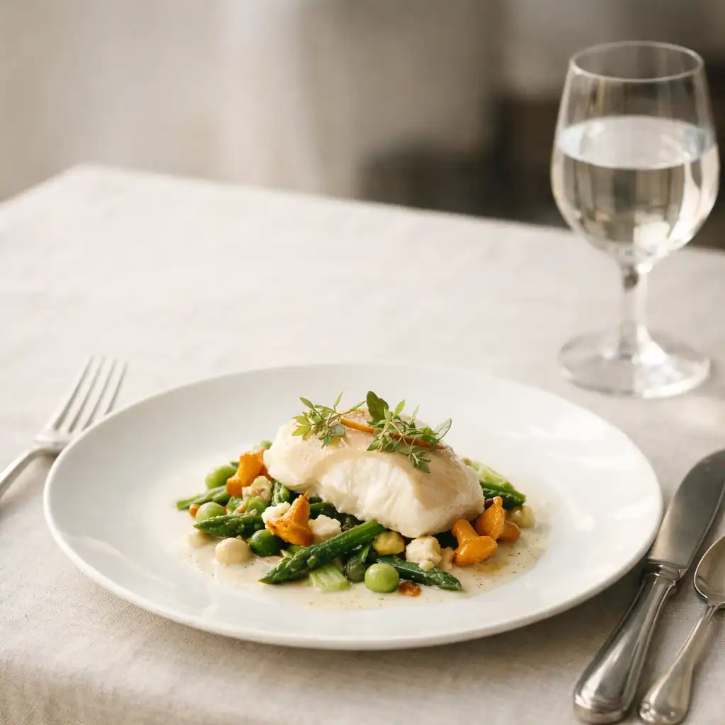 Assiette de haute gastronomie française présentée sur une table en lin clair