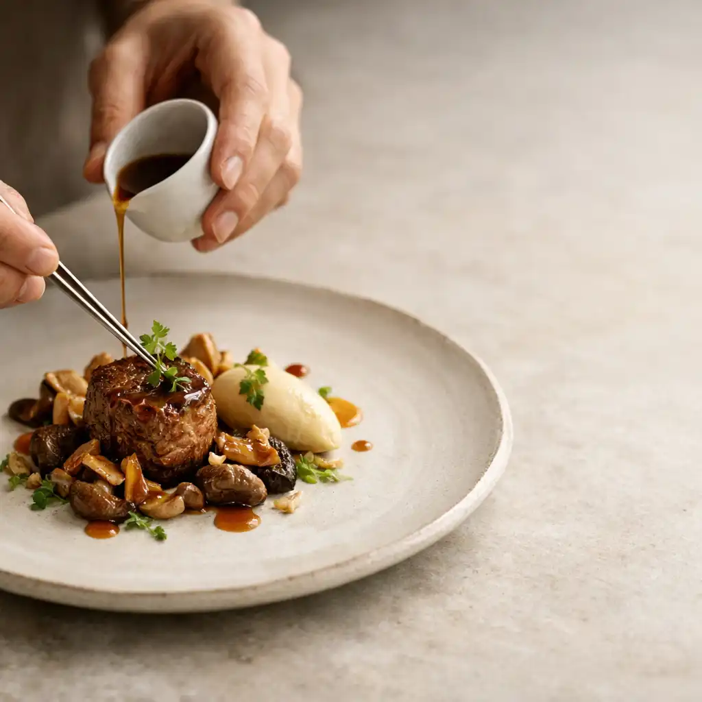 Détail d’un dressage de haute gastronomie sur une assiette claire