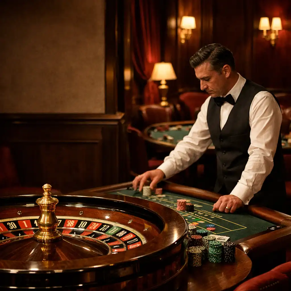 Croupier professionnel auprès d'une table de roulette dans un salon de jeux privé