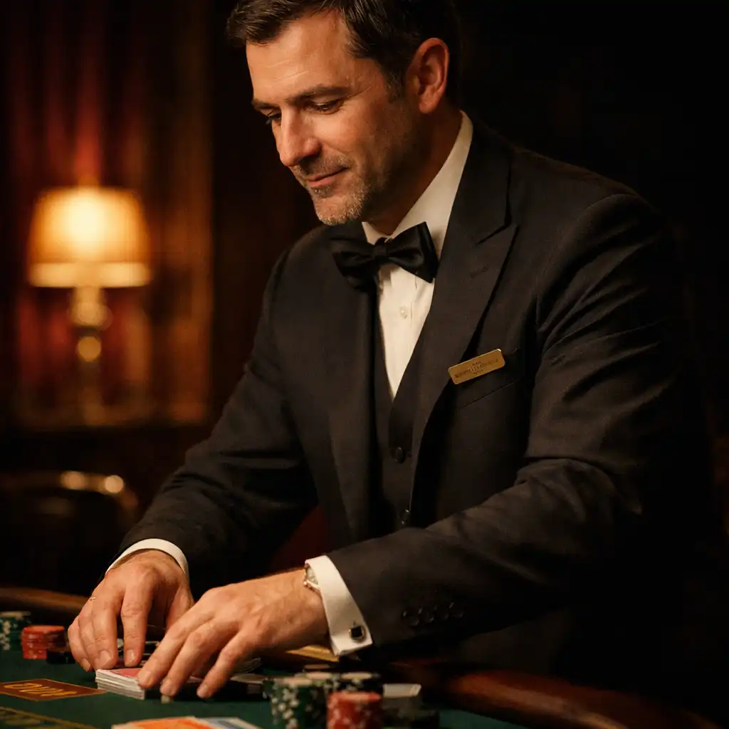 Croupier professionnel préparant attentivement une table de blackjack dans un salon privé