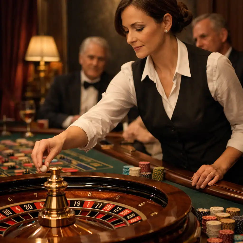 Croupière professionnelle animant une table de roulette physique dans le salon privé