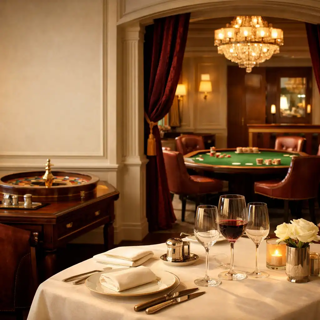 Salle de restaurant parisienne élégante ouvrant sur le salon privé et ses tables en direct