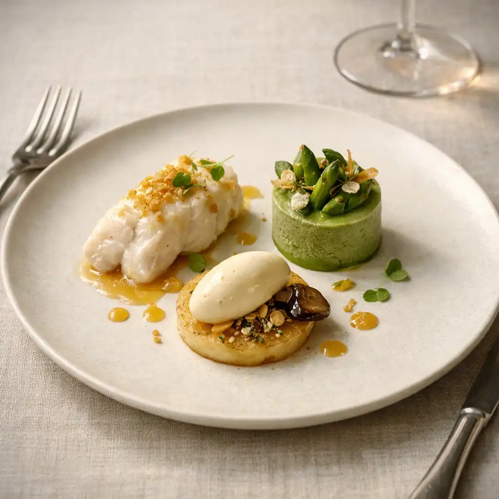 Assiette de haute gastronomie française servie sur une table en lin clair