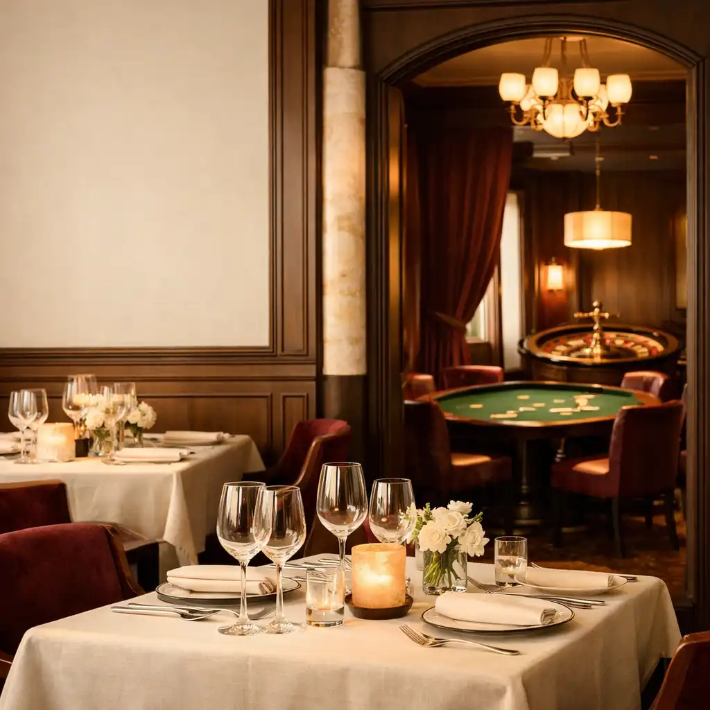 Salle de restaurant élégante ouverte sur un salon privé physique adjacent