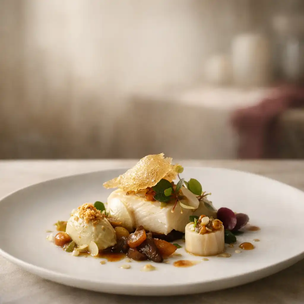 Assiette de cuisine française saisonnière dressée avec précision