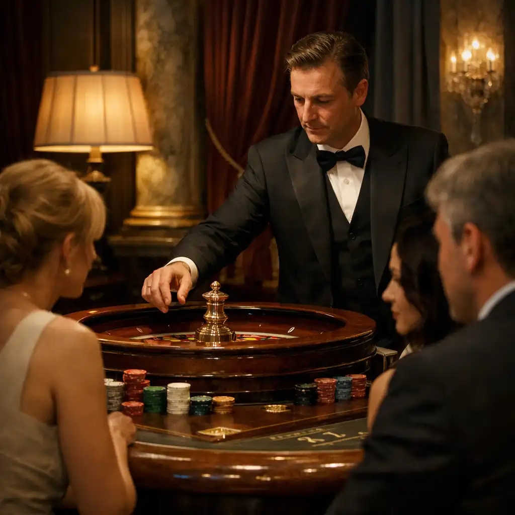Croupier professionnel officiant à une table dans le salon privé de Talqorine