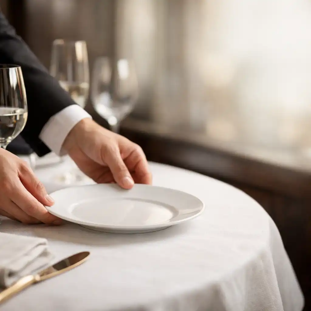Geste attentif de service sur une table gastronomique