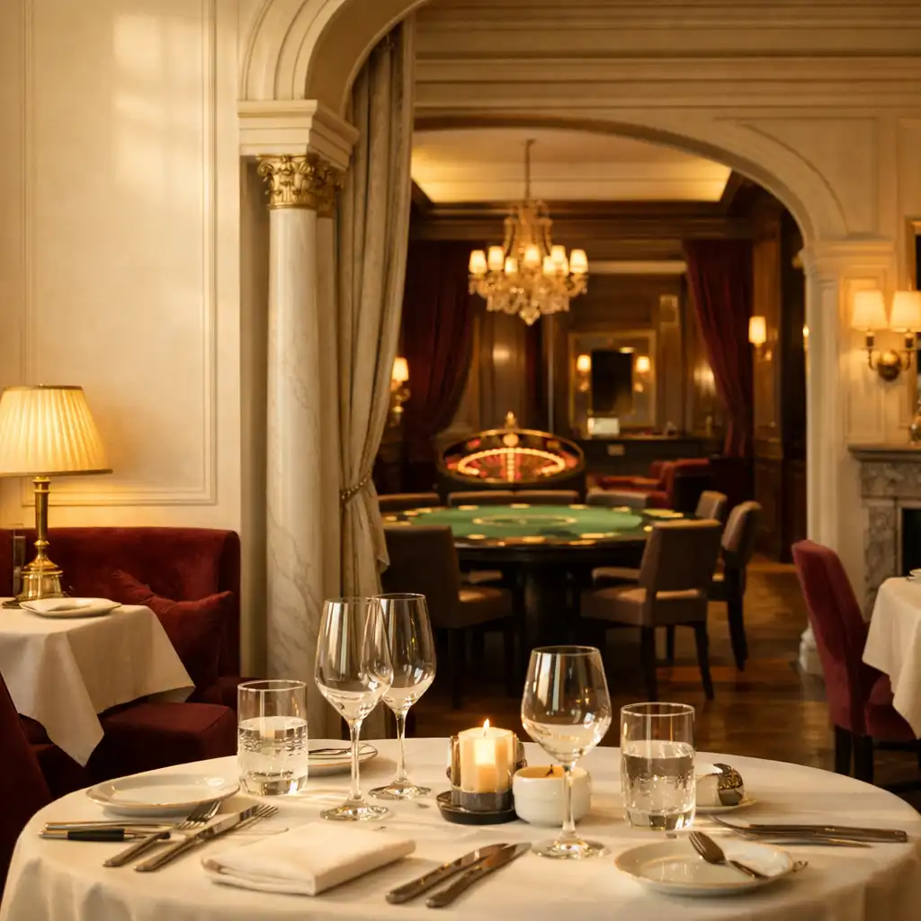 Salle de restaurant raffinée ouvrant sur un salon privé avec tables de casino physiques