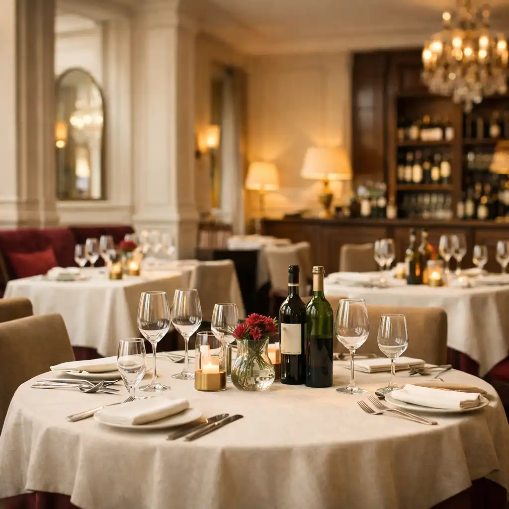 Salle de restaurant lumineuse avec tables dressées et verrerie fine