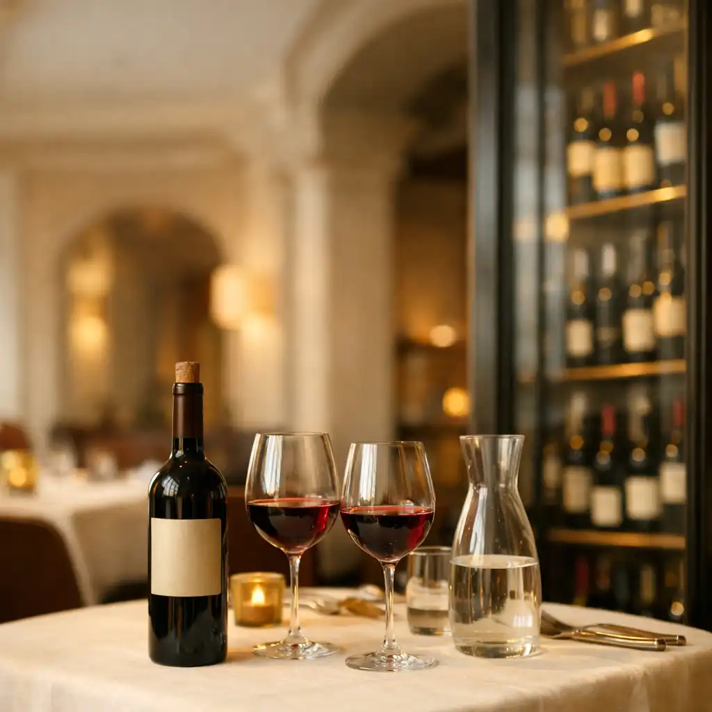 Table élégamment dressée avec verres de vin et linge de table dans une atmosphère lumineuse