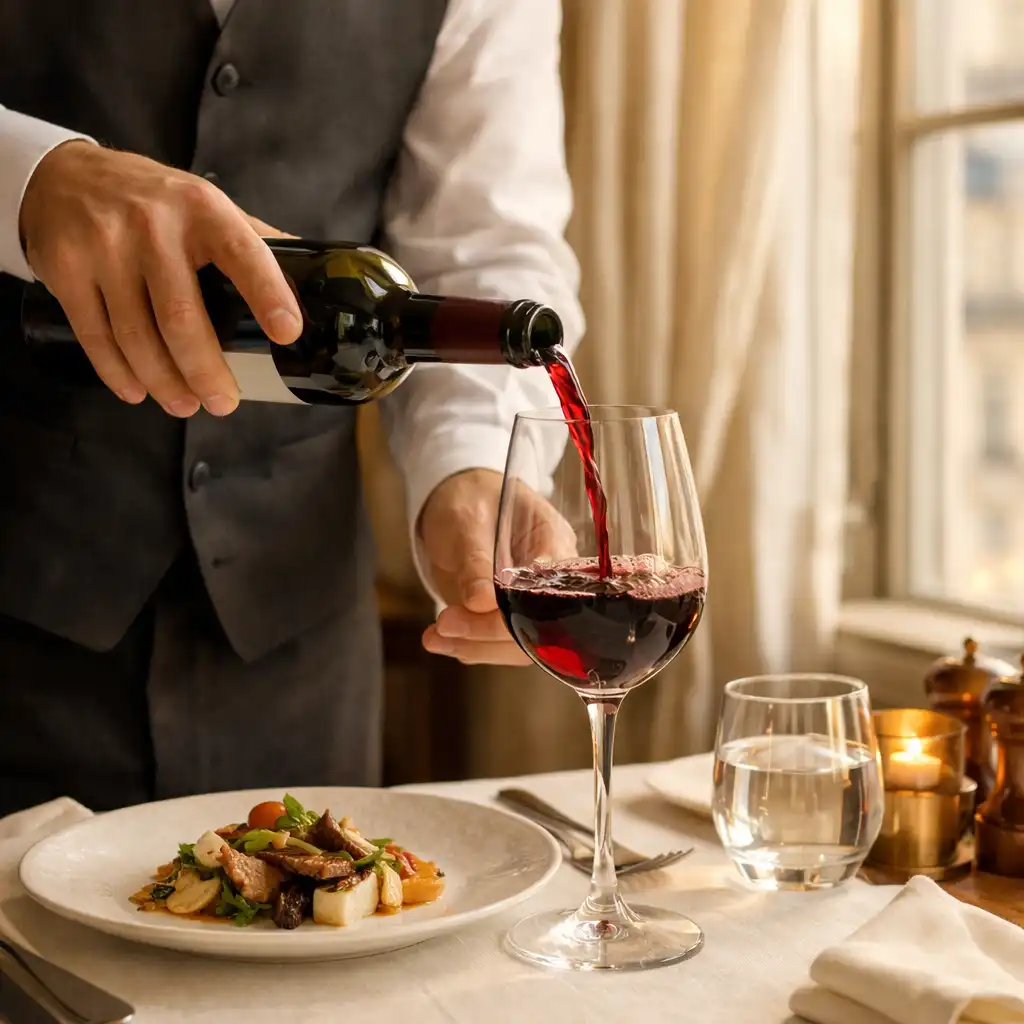 Geste de service versant du vin dans un verre à une table dressée